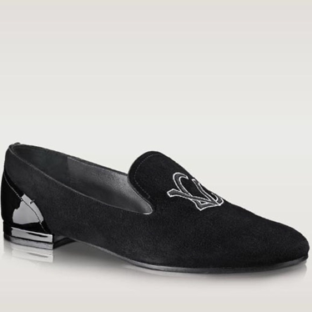 Louis Vuitton LV Monogram Women’s Suede Black Embroidered Loafers Size 40.5 10.5